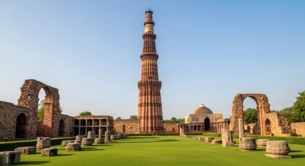Majestic Qutub Minar Tower and Ancient Ruins Under a Clear Blue Sky