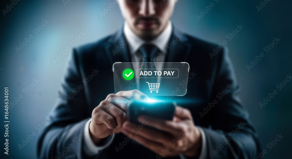 Poster businessman using smartphone for online payment, adding item to virtual shopping cart with digital i
