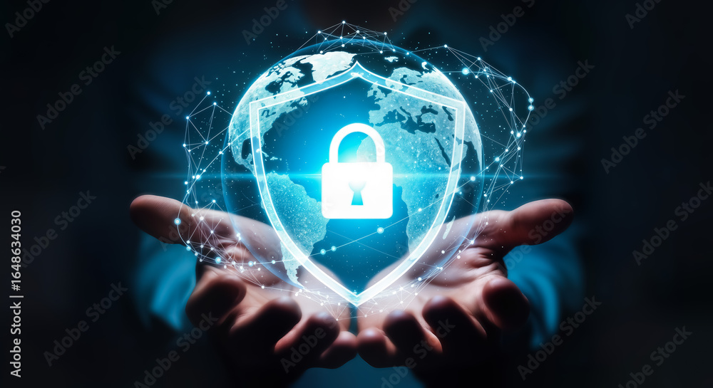 Poster digital security concept with a glowing shield and padlock superimposed over a stylized globe, held 