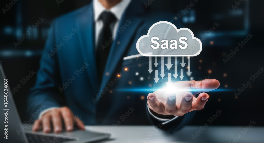 Poster businessman holding a cloud with the word saas, symbolizing software as a service and cloud computin