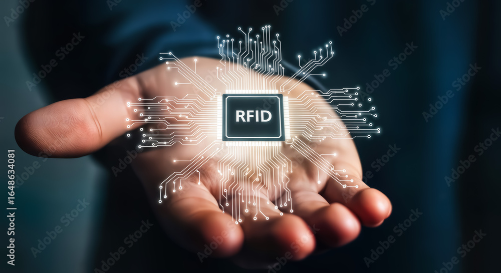 Aufkleber Closeup of a hand holding a glowing rfid chip with illuminated circuits, symbolizing advanced wireless technology and data identification in a futuristic digital network