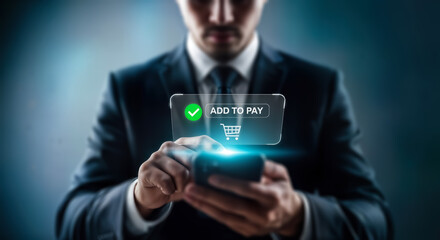 Businessman using smartphone for online payment, adding item to virtual shopping cart with digital interface showing add to pay confirmation, representing ecommerce and digital financial transactions