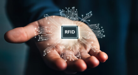 Closeup of a hand holding a glowing rfid chip with illuminated circuits, symbolizing advanced wireless technology and data identification in a futuristic digital network