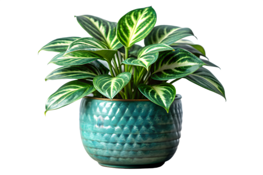 A lush green plant with striking white stripes on its leaves, in a textured teal ceramic pot, isolated on a transparent background