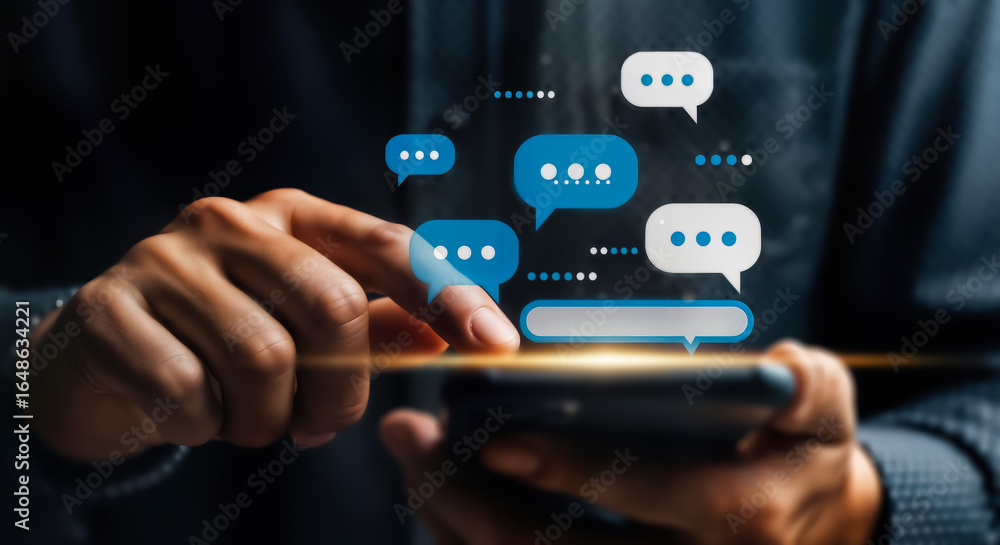 Aufkleber closeup of a person using a smartphone, with digital chat bubbles and messages appearing around the 