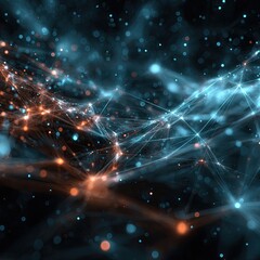 Abstract network of glowing particles, connected by lines in teal and orange, on a dark background
