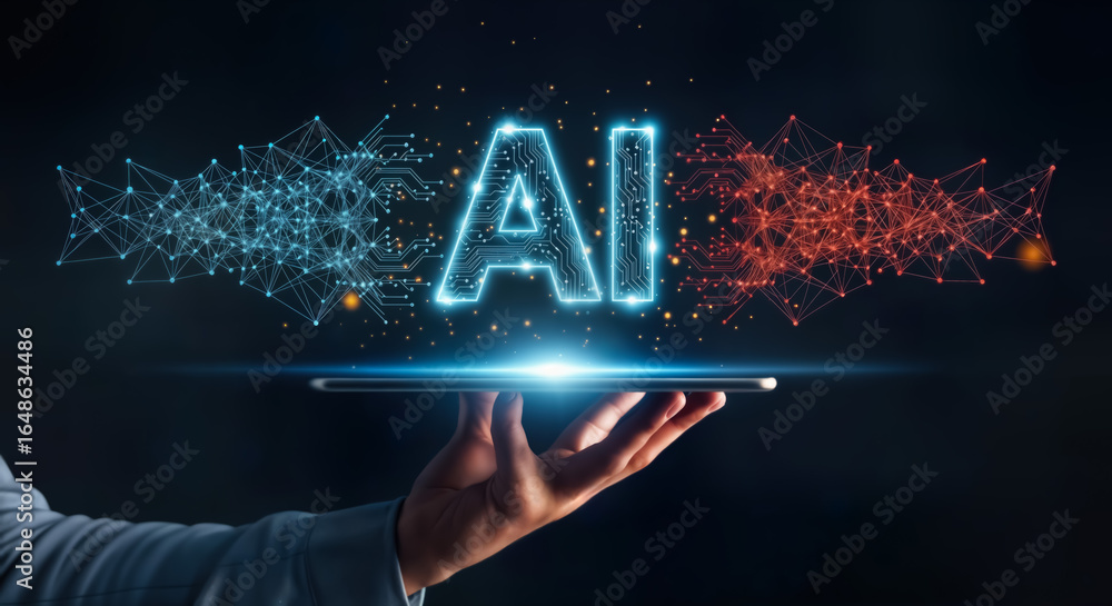 Aufkleber the glowing neon letters ai symbolize artificial intelligence, presented on a digital network of con