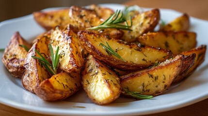 Crispy roasted potato wedges seasoned with herbs and garnished with fresh rosemary on white plate