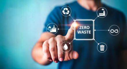 Person touching a digital interface with icons representing zero waste, sustainability, recycling, and resource management, emphasizing an ecofriendly future and conscious consumption