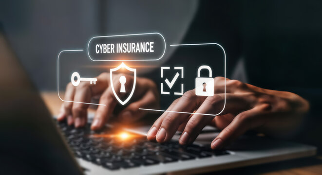 Cyber insurance concept with icons for security, data protection, and risk management, as a person types on a laptop, highlighting digital safety and online business security