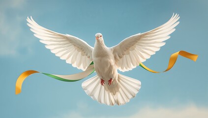 Fototapeta premium White dove flying with wings spread carrying a yellow green ribbon in blue sky