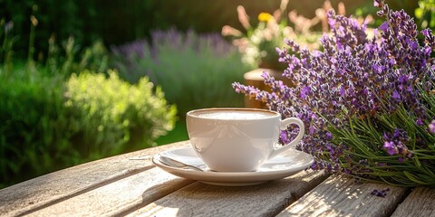 Morning coffee on a garden patio with lavender nearby