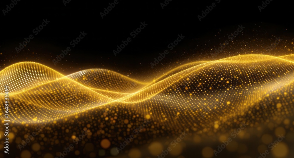 Poster golden glittering particle waves flow gently against a dark background. abstract, modern design.