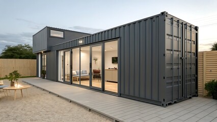 Modern container house with open floorplan and sustainable backyard patio