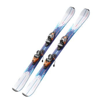 A pair of skis with bindings and a blue and white design on a black background angled slightly left on transparent background