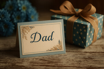 Blue polka dot gift with dad card and blue flowers present