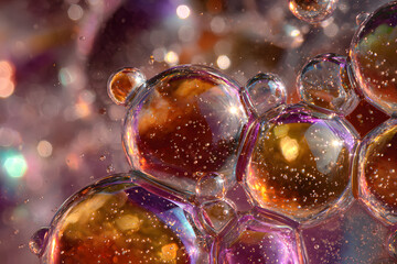 Mesmerizing macro view of vibrant, iridescent bubbles with stunning colors and light reflections,...