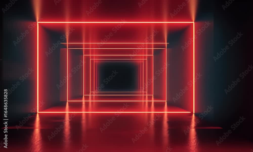Poster glowing red square and rectangular lights on a dark background, an empty room with a long corridor,
