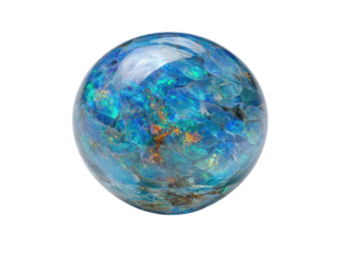 A polished, round, vibrant opal sphere.  Shimmering blues, greens, and hints of orange and gold create a mesmerizing display within the glassy exterior.  A perfect, smooth orb