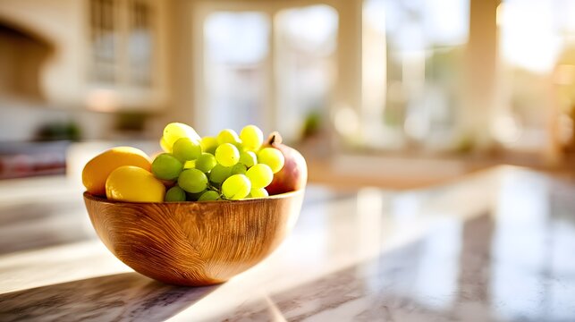Wooden bowl filled with fresh fruit on a kitchen counter. - Powered by Adobe
