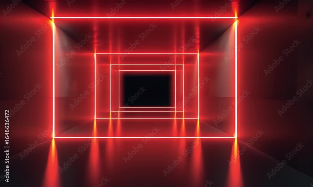 Poster glowing red square and rectangular lights on a dark background, an empty room with a long corridor,