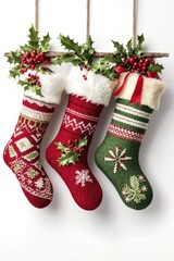 Christmas stockings with festive patterns and holly decorations hanging on rope for traditional holiday celebration