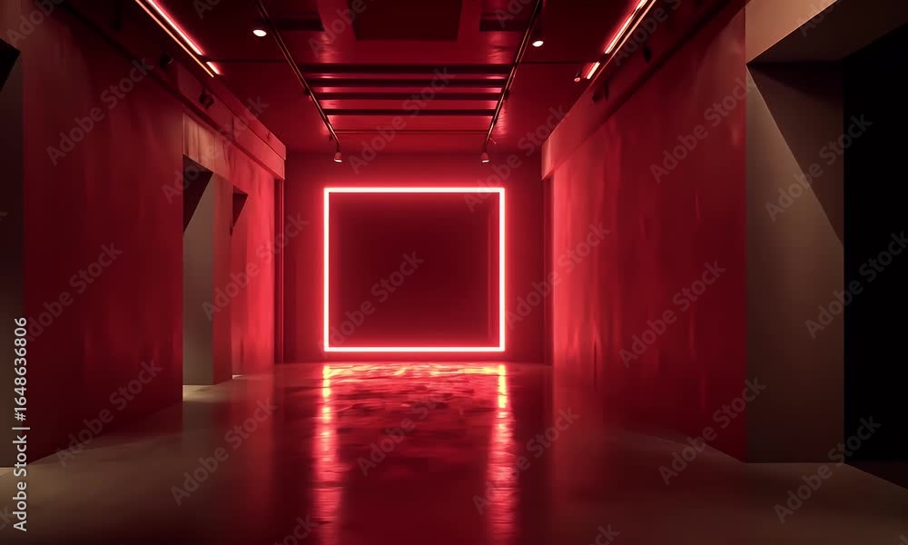 Poster glowing red square and rectangular lights on a dark background, an empty room with a long corridor,