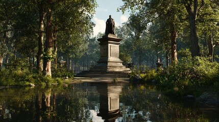 Fototapeta premium Discovering serenity Reflective statue in lush garden a tranquil moment captured in perfect balance