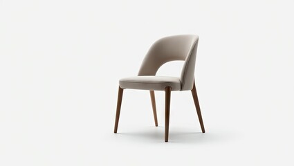 Light beige upholstered dining chair with wooden legs.