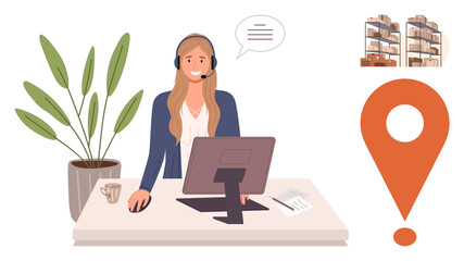 Female support agent in headset at desk with computer and coffee. Warehouse shelves and location pin convey logistics, supply chain, customer care, teamwork, communication, remote assistance, simple