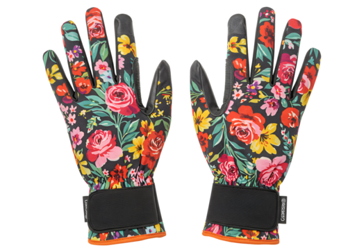 Colorful floral-patterned gloves with vibrant flower designs on black background