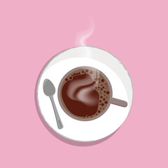  Vector illustration of a hot drink in a cup with steam, spoon, and saucer viewed from above. Perfect for coffee, cocoa, cafe, or breakfast-themed designs.