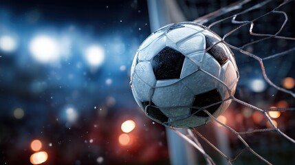 Black white soccer ball in net with water droplets, blurred stadium and blue orange lights

