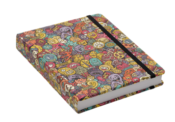 Colorful illustrated notebook with manga and anime-inspired characters and patterns perfect for