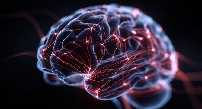 3D brain with glowing neural pathways
