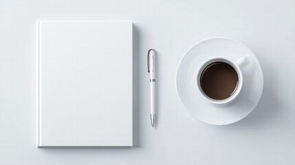 Silver pen white notebook black coffee cup, minimalist workspace on gray