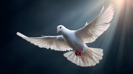 Obraz premium A white dove in flight, bathed in sunlight.