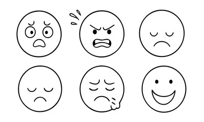 Doodle Emoji face icon set. Hand-drawn sketch style emojis. Emojis with various emotions, including happy, sad, and smiling faces.