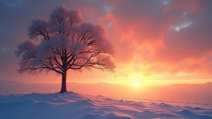 Fototapeta premium Solitary tree in a winter landscape at sunrise.
