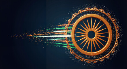 Illustration of the Ashoka chakra, with light paths to match the flag, on a dark blue background, patriotic style, with space