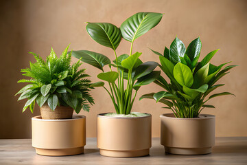 Fototapeta premium Three potted green houseplants with lush foliage are arranged on a wooden table against a warm, textured background, creating a serene indoor garden atmosphere