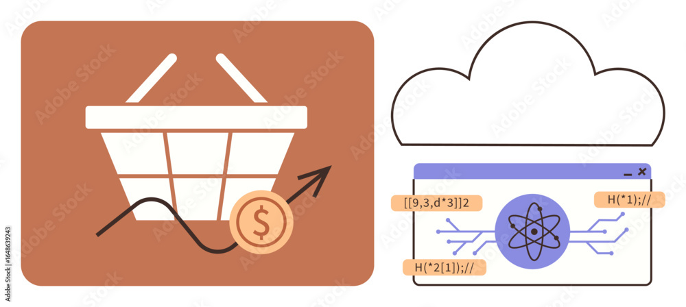 Poster shopping basket with upward trend arrow and dollar coin paired with cloud tech visual and data flow.