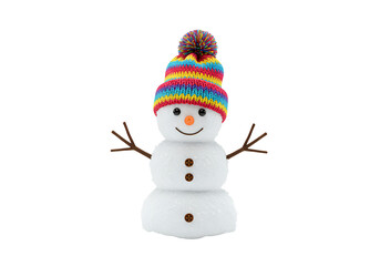Colorful knitted winter snowman decoration with a rainbow hat on black background