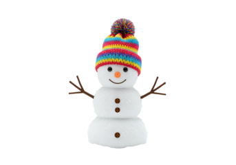 Colorful knitted winter snowman decoration with a rainbow hat on black background