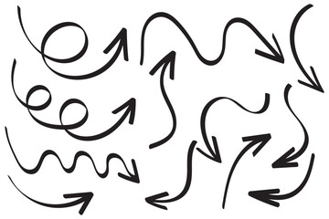 Hand drawn arrows collection. Set simple arrows isolated on white background. Arrow mark icons. Arrow indicated the direction symbol.