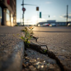 Sparkling sprout pushing through a sidewalk crack beneath city signs