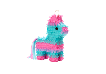Colorful llama pi?ata with pink and blue fringes mounted on a black background for festive