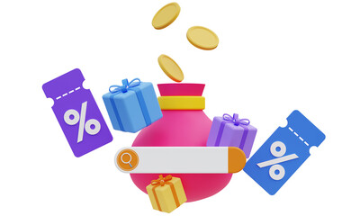 Search bar with online bonus for customers who register and play activities on the website to get discount in gift box. 3D illustration.