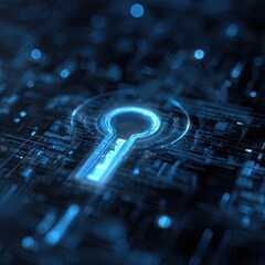 Glowing keyhole icon on a complex circuit board