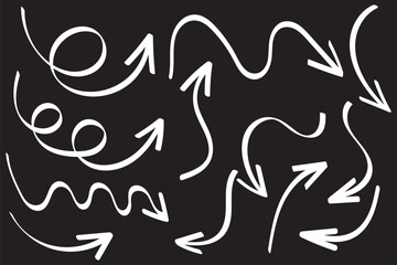 Hand drawn arrows collection. Set simple arrows isolated on white background. Arrow mark icons. Arrow indicated the direction symbol.